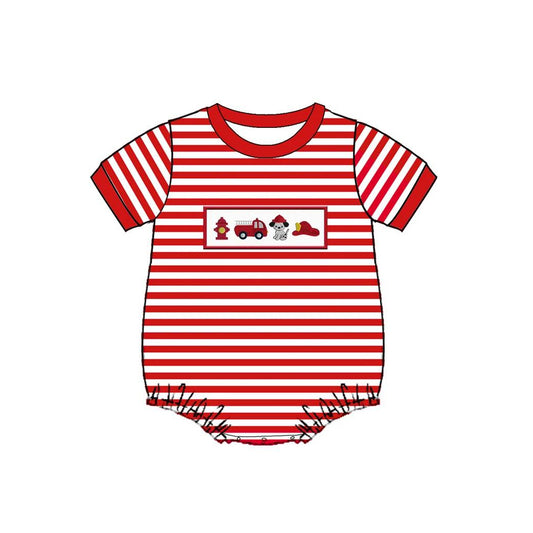 Baby Infant Boys Red Stripes Fire Trucks Rompers preorder