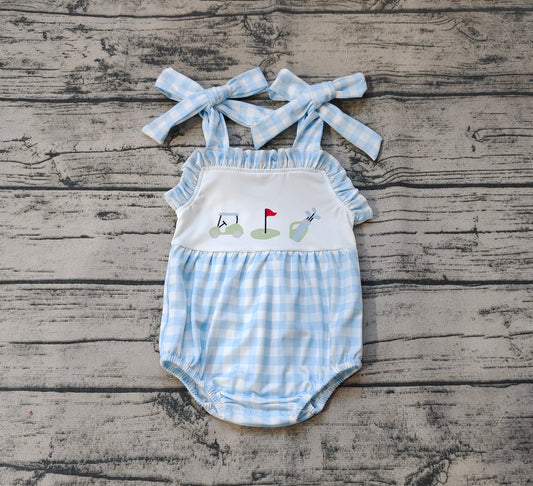 Baby Infant Girls Golf Blue Checkered Summer Straps Rompers