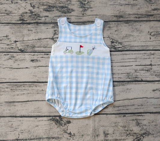 Baby Infant Boys Golf Blue Checkered Summer Sleeveless Rompers
