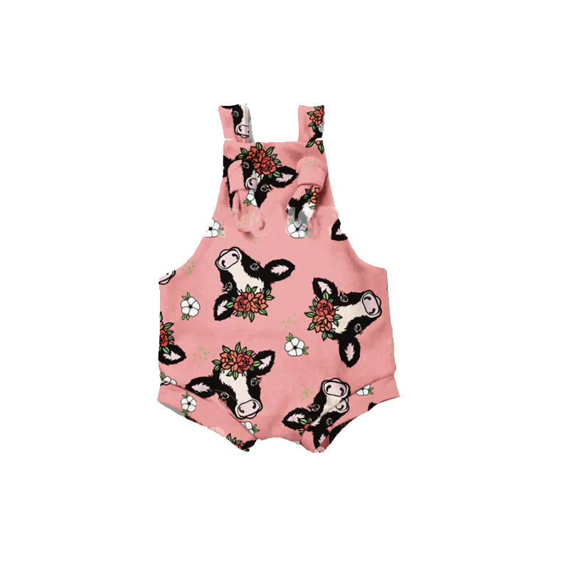 Baby Infant Girls Pink Cows Flowers Straps Rompers preorder