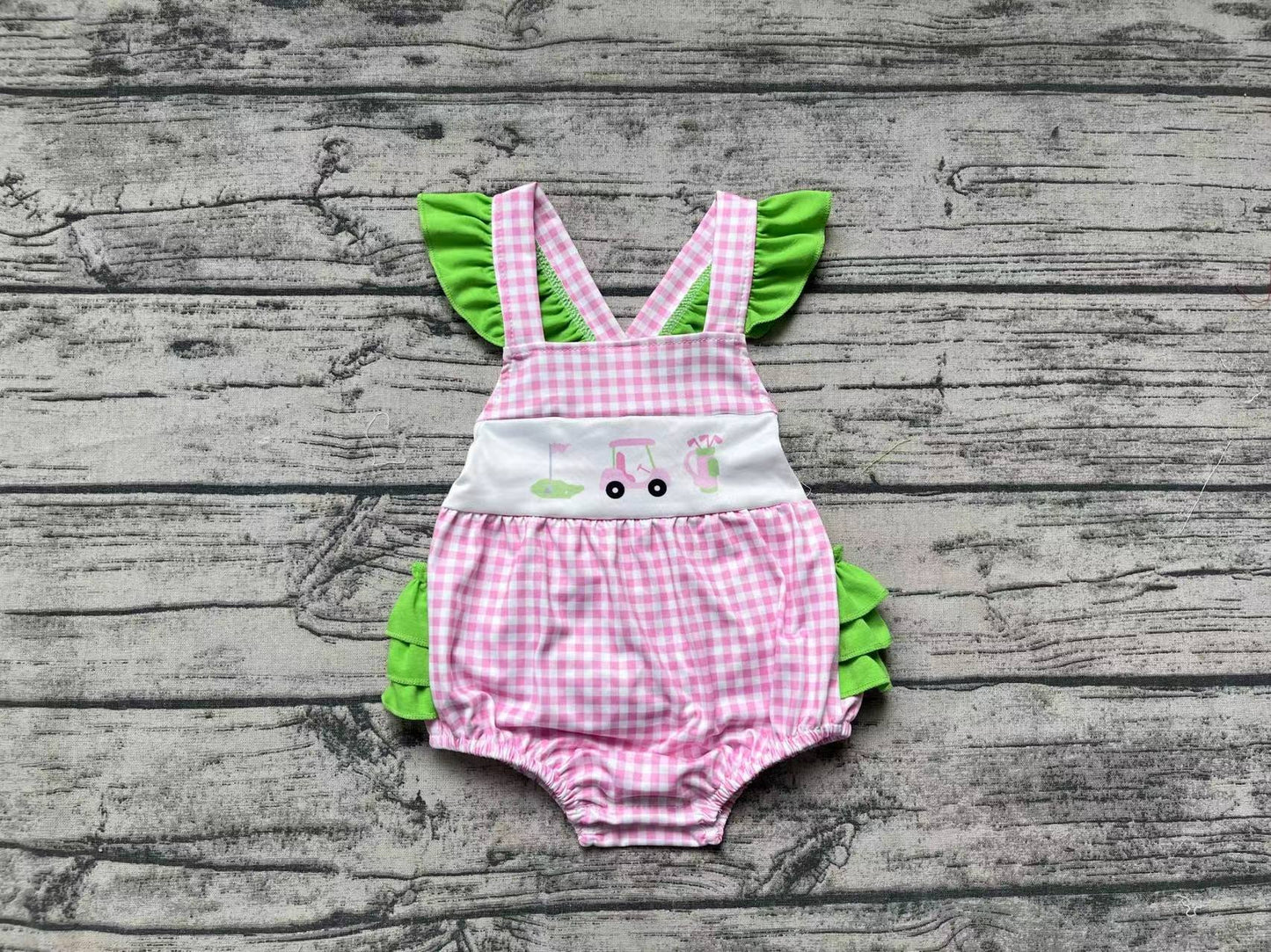 Baby Infant Girls Golf Hole In One Pink Checkered Ruffle Rompers