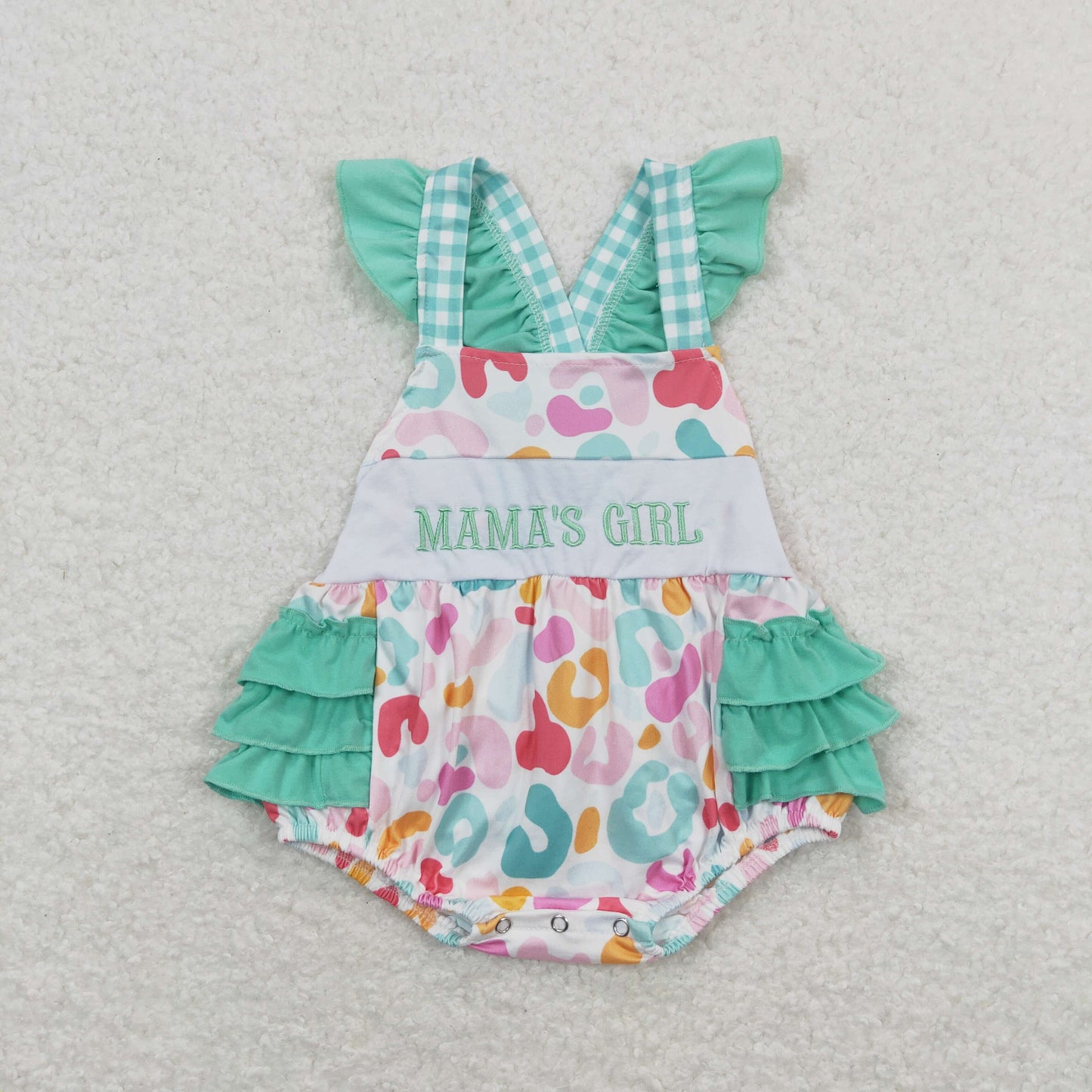 USA Shop Embroidery Mama's Girl Colorful Leopard Ruffle Rompers