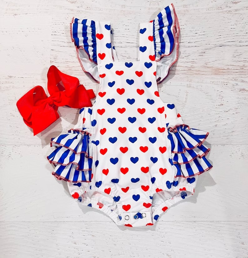 Baby Boys Summer Blue Red Hearts Bubble Rompers preorder