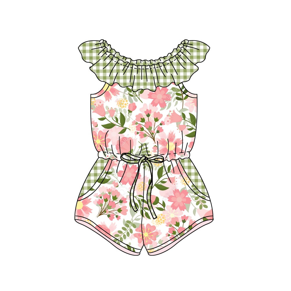 Baby Girls Green Checkered Pink Flowers Off Shoulder Pocket Shorts Jumpsuits Preorder