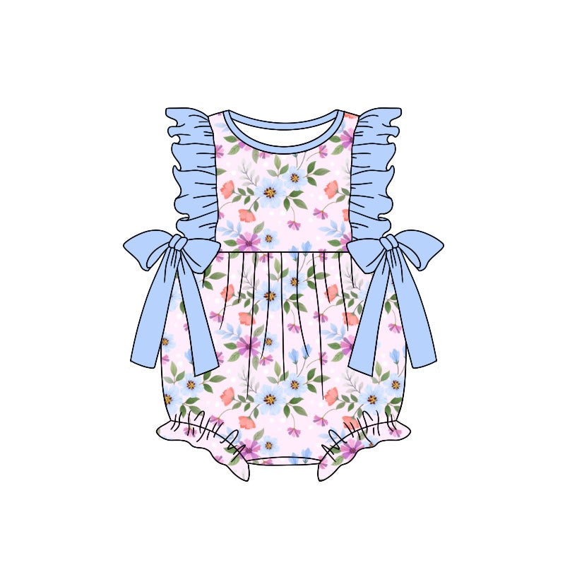 Baby Girls Blue Flowers Bows Sleeveless Summer Rompers preorder