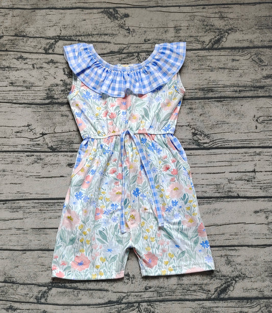 Baby Girls Blue Flowers Checkered Shorts Jumpsuits