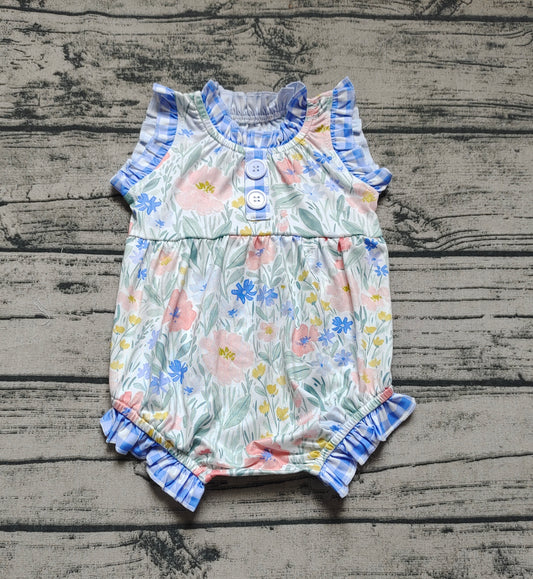 Baby Girls Blue Flowers Ruffle Sleeveless Rompers