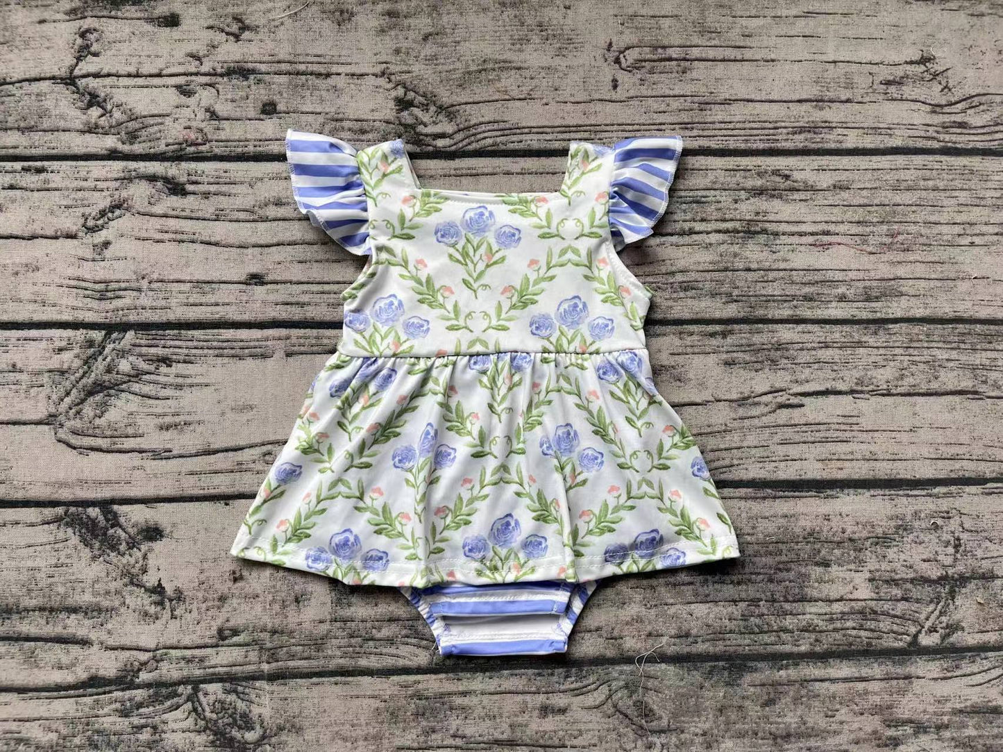 Baby Infant Girls Blue Green Flowers Flutter Sleeve Rompers