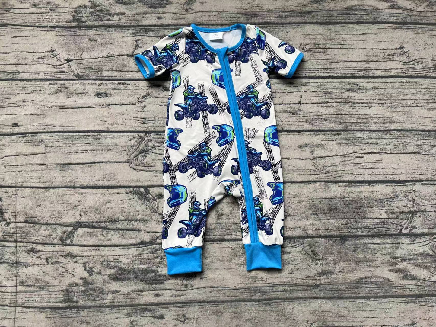 Baby Infant Boys Blue Motobike Short Sleeve Zip Rompers