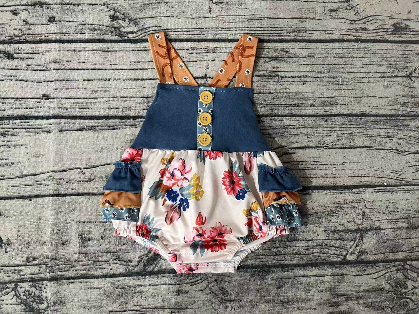 Baby Infant Girls Western Ruffle Flowers Straps Rompers