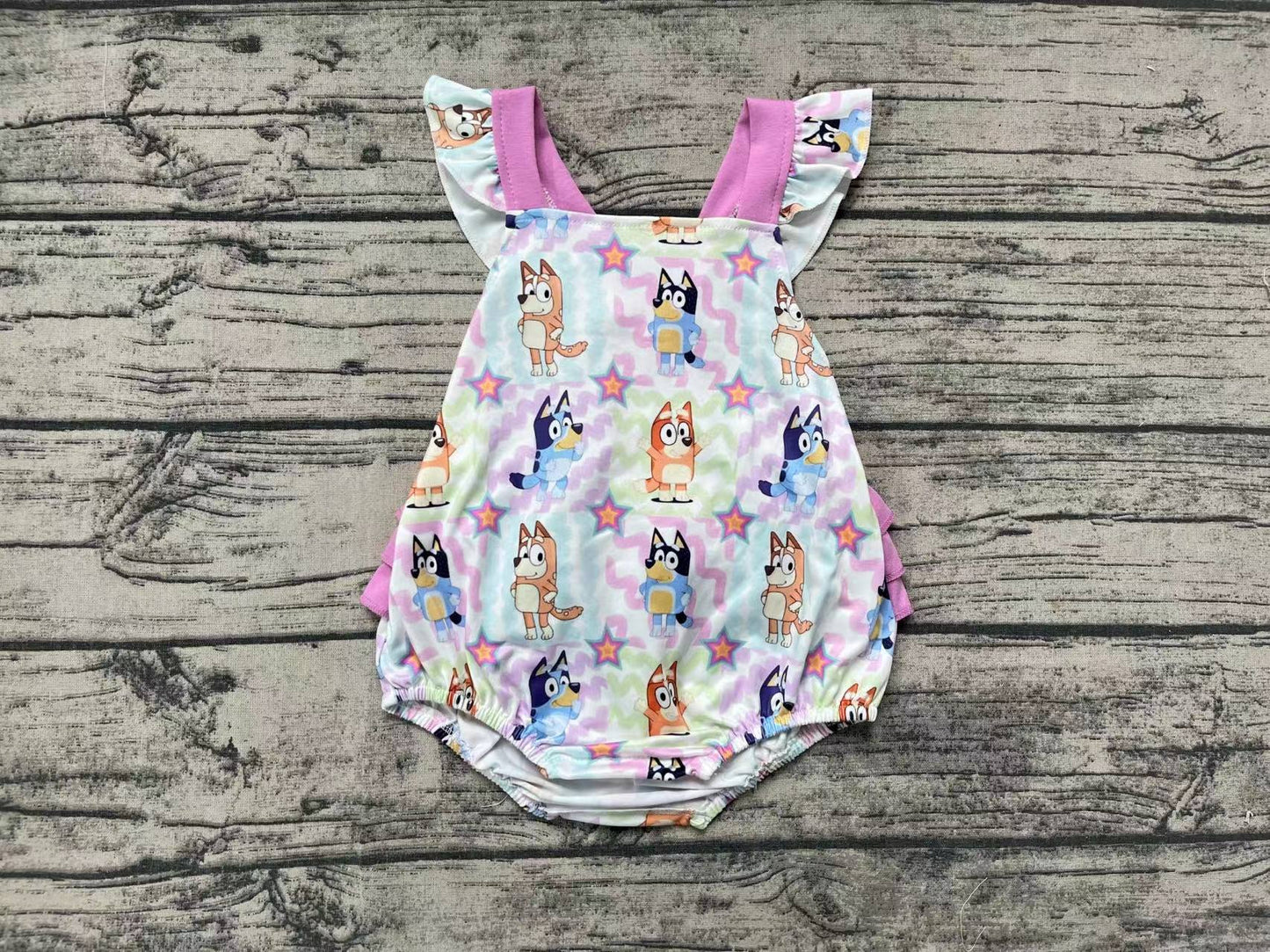 Baby Infant Girls Dogs Pink Colorful Ruffle Rompers