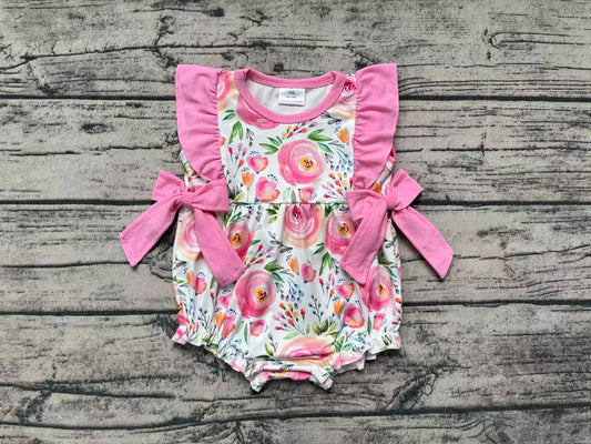 Baby Infant Girls Pink Rose Flowers Ruffle Bows Rompers