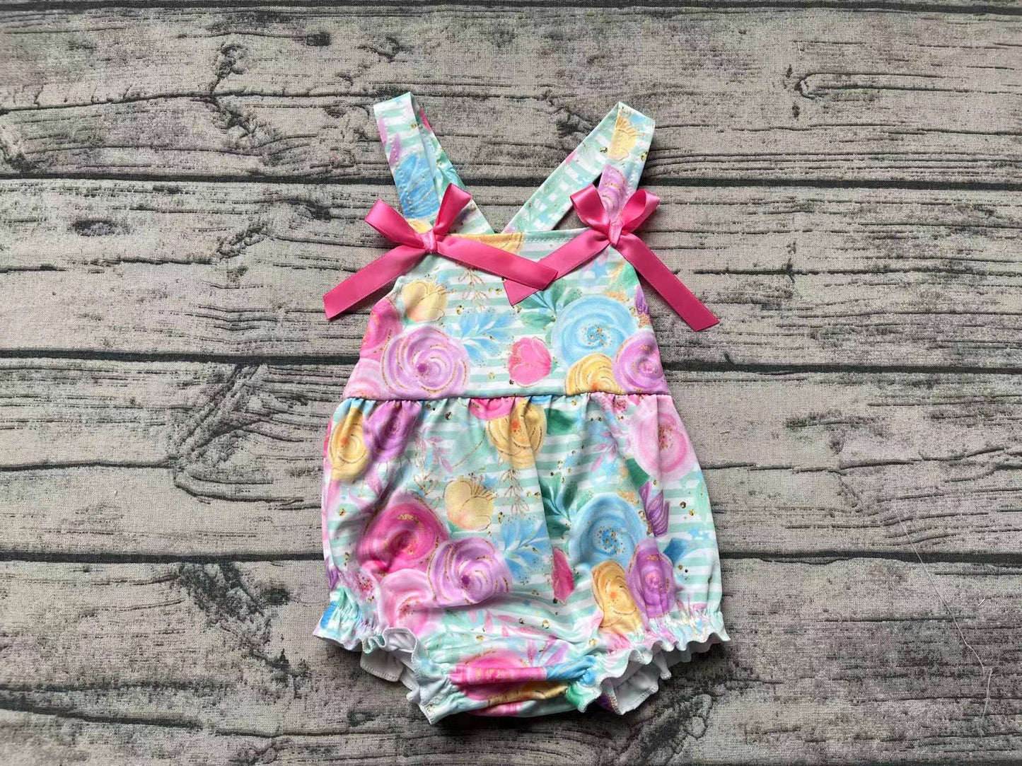 Baby Infant Girls Green Stripes Flowers Straps Bows Rompers