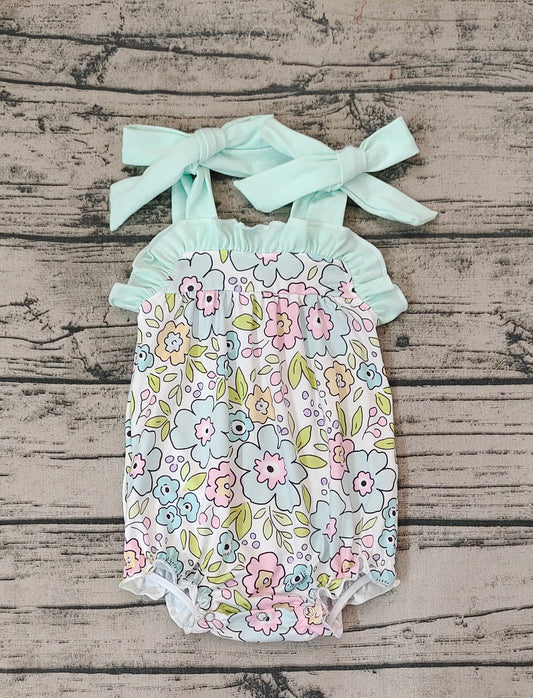 Baby Infant Girls Green Flowers Tie Bows Summer Rompers