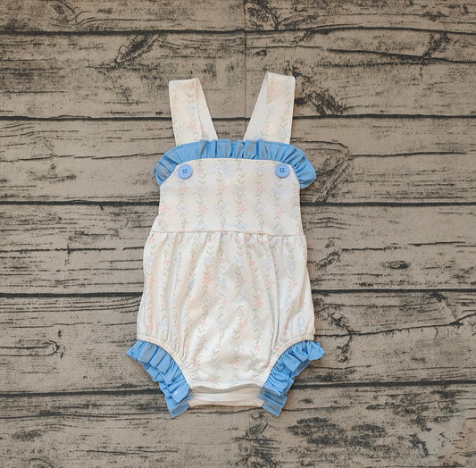 Baby Infant Girls Blue Ruffle Leaves Straps Rompers preorder