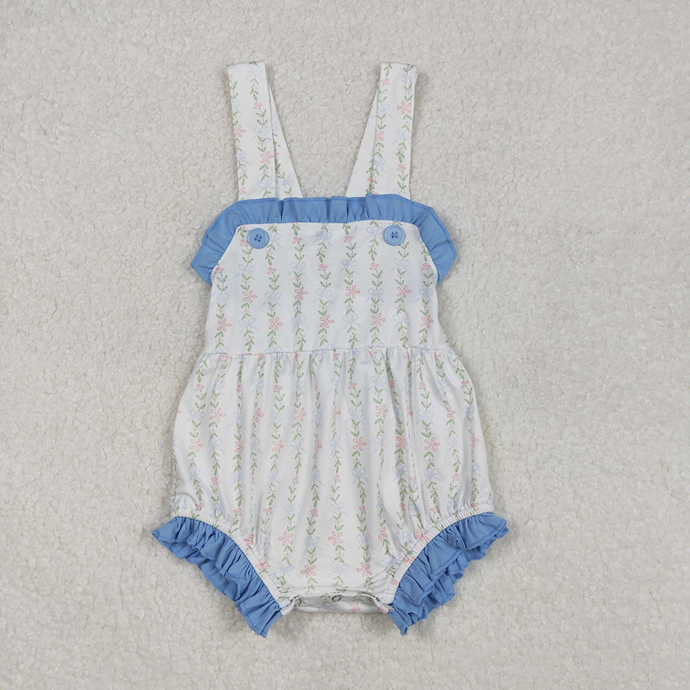 Baby Infant Girls Blue Ruffle Leaves Straps Rompers