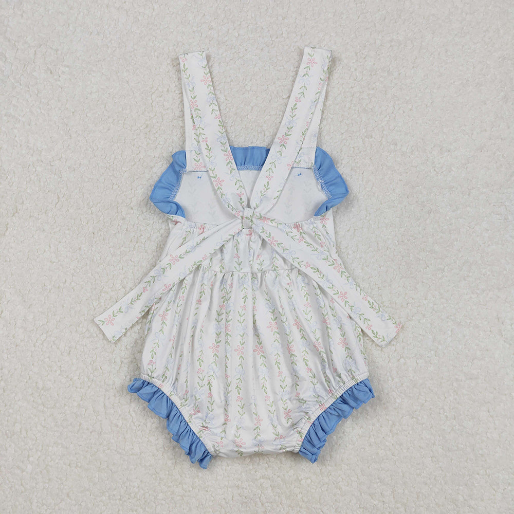 Baby Infant Girls Blue Ruffle Leaves Straps Rompers