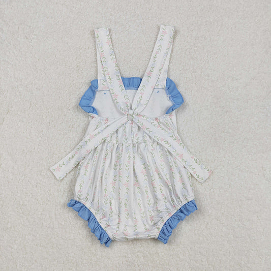 Baby Infant Girls Blue Ruffle Leaves Straps Rompers