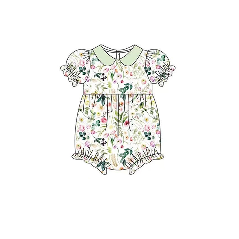 Baby Infant Girls Green Leaves Flowers Ruffle Rompers preorder