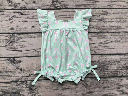 Baby Girls Green Bows Flutter Sleeve Summer Rompers