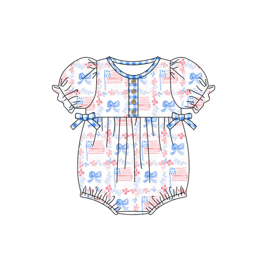 Baby Girls Blue Bows Flags Short Sleeve Summer Rompers preorder