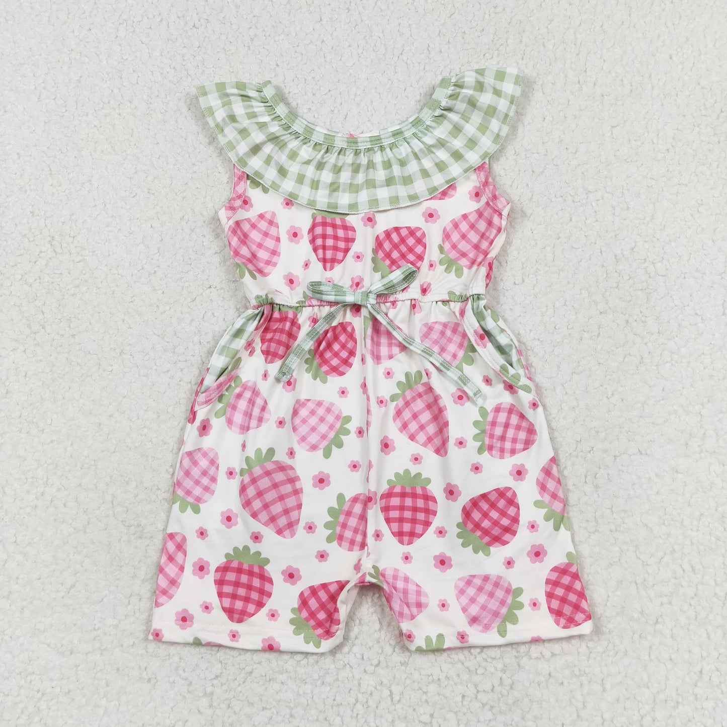 Sibling Baby Girls Pink Checked Strawberry Pockets Tunic Shorts Clothes Sets Collar Jumpsuits