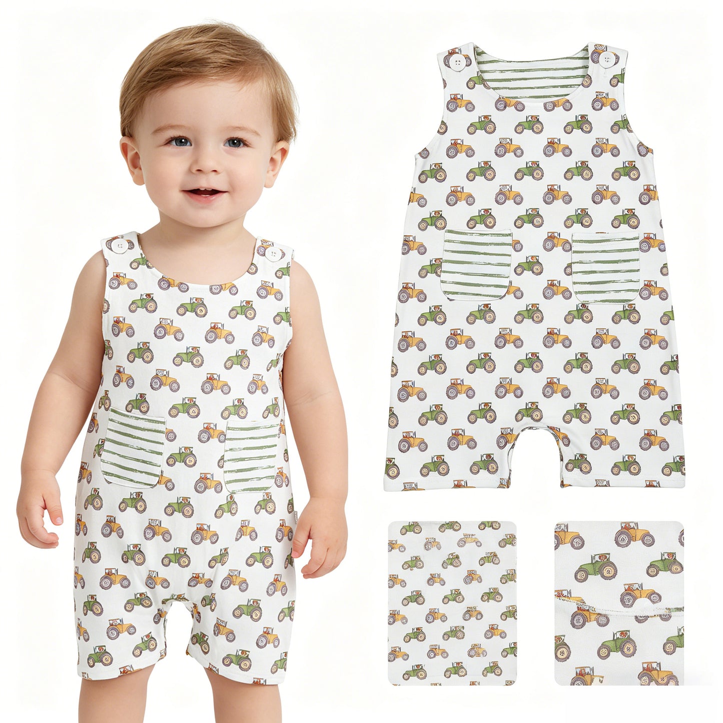 Baby Boys Sleeveless Tractors Pockets Farm Rompers