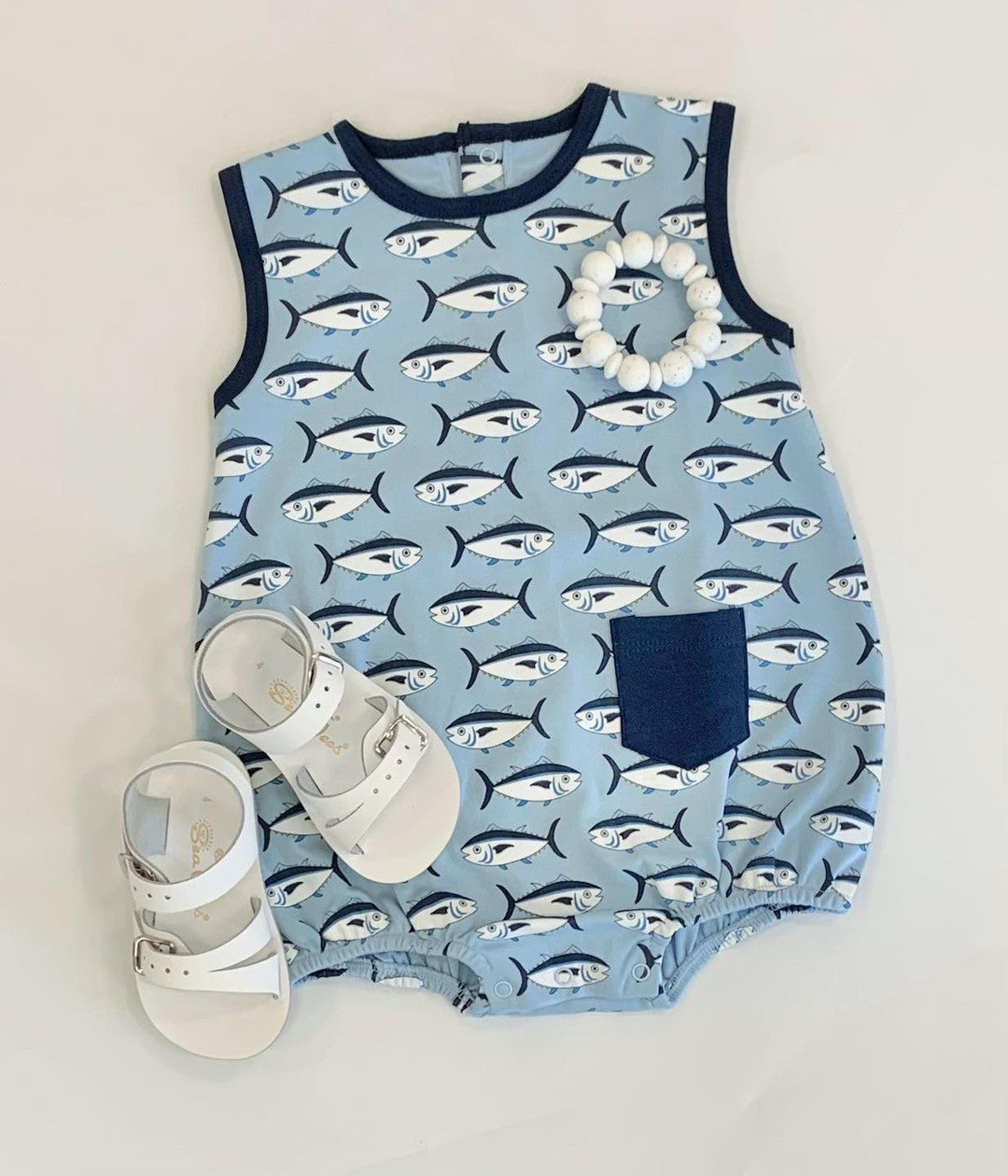 Baby Boys Sharks Sleeveless Pocket Summer Rompers preorder