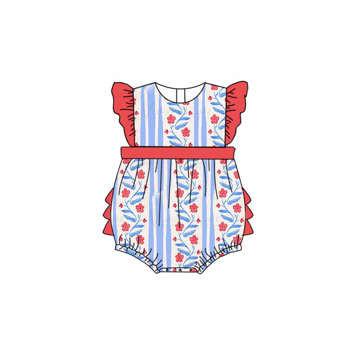 Baby Girls Summer Blue Stripes Flowers Flutter Sleeve Rompers preorder