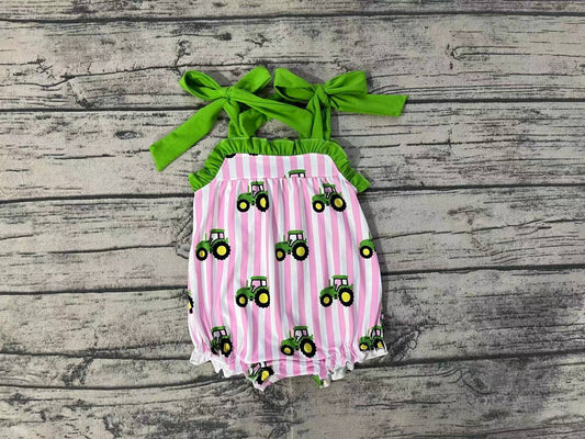 Baby Girls Pink Stripes Tractors Summer Rompers