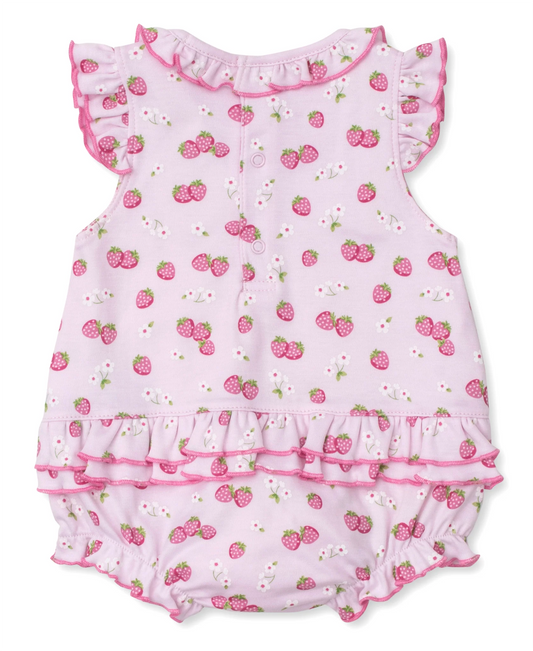 Baby Girls Pink Strawberry Flutter Sleeve Bubble Rompers Preorder