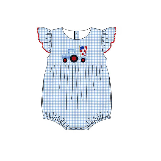 Baby Girls Blue Checkered Flutter Sleeve Flag Tractor Rompers Preorder