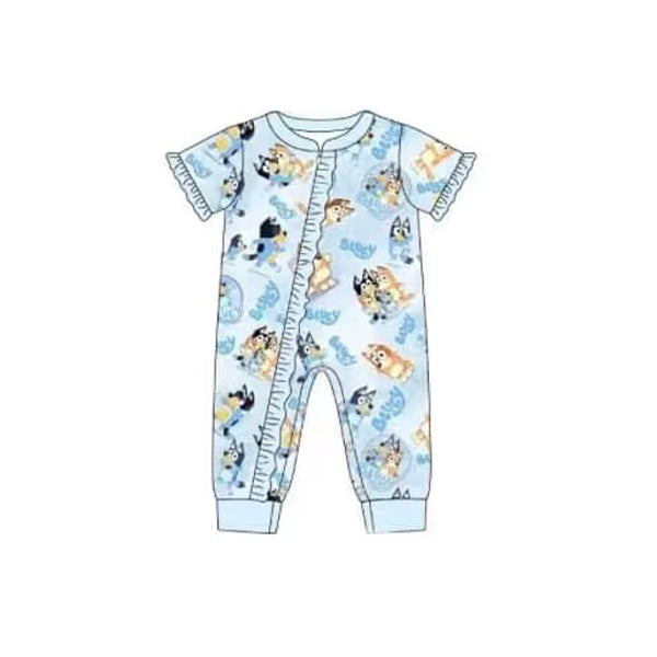 Baby Girls Short Sleeve Blue Dogs Summer Zip Rompers Preorder(moq 5)