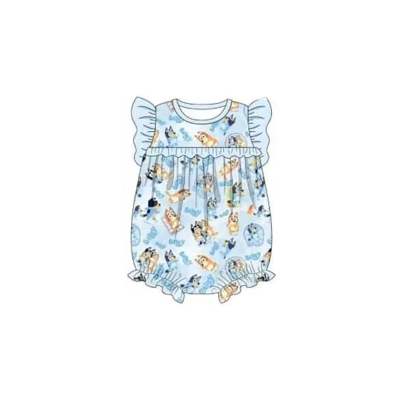 Baby Girls Flutter Sleeve Blue Dogs Summer Rompers Preorder(moq 5)