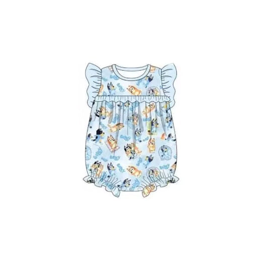 Baby Girls Flutter Sleeve Blue Dogs Summer Rompers Preorder(moq 5)