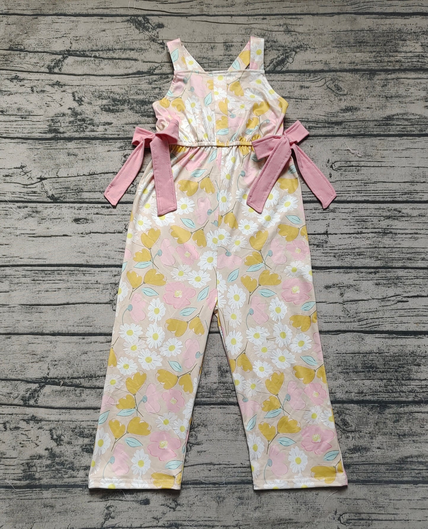 Baby Girls Pink Flowers Straps Bows Long Pants Jumpsuits