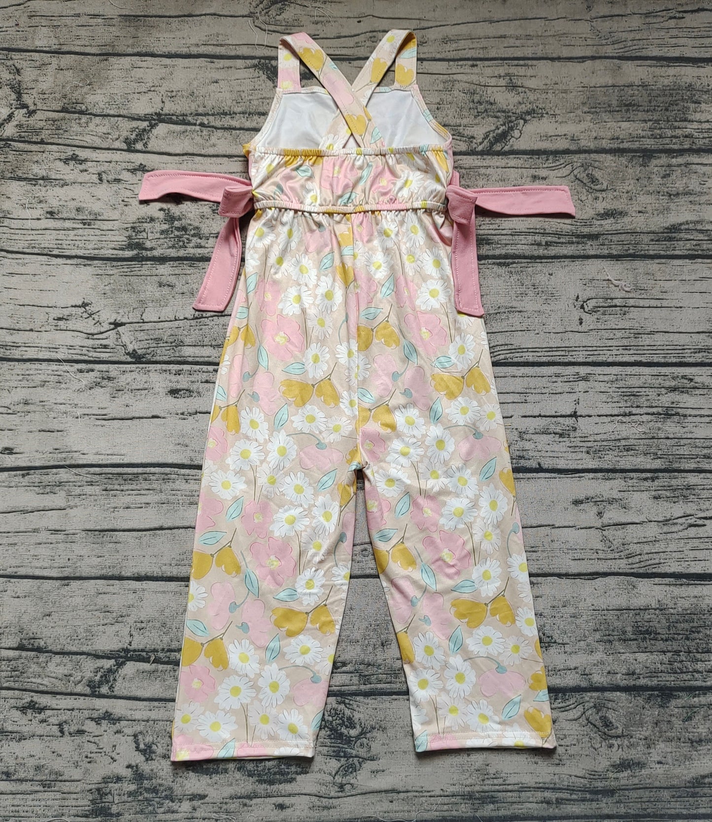 Baby Girls Pink Flowers Straps Bows Long Pants Jumpsuits