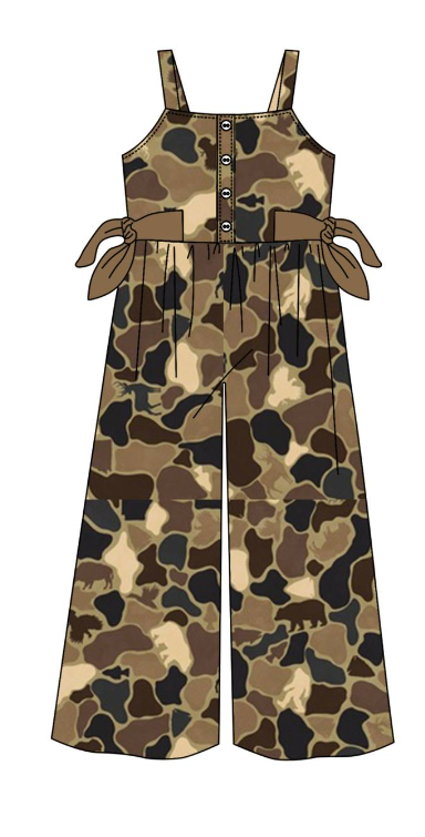 Baby Girls Brown Camo Straps Bows Long Pants Jumpsuits Preorder