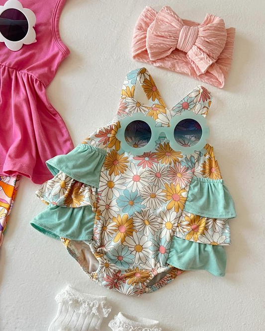 Baby Infant Girls Blue Flowers Ruffle Straps Rompers preorder