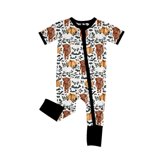 Baby Infant Boys Black Highland Cow Pumpkin Zip Short Sleeve Rompers preorder