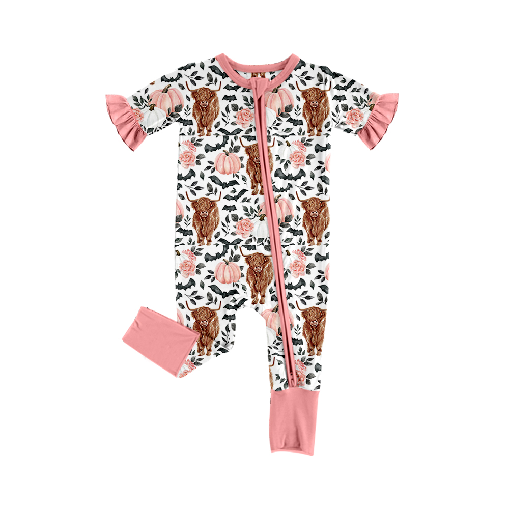 Baby Infant Girls Pink Highland Cow Pumpkin Zip Short Sleeve Rompers preorder