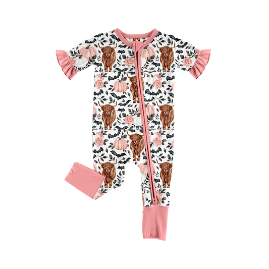 Baby Infant Girls Pink Highland Cow Pumpkin Zip Short Sleeve Rompers preorder