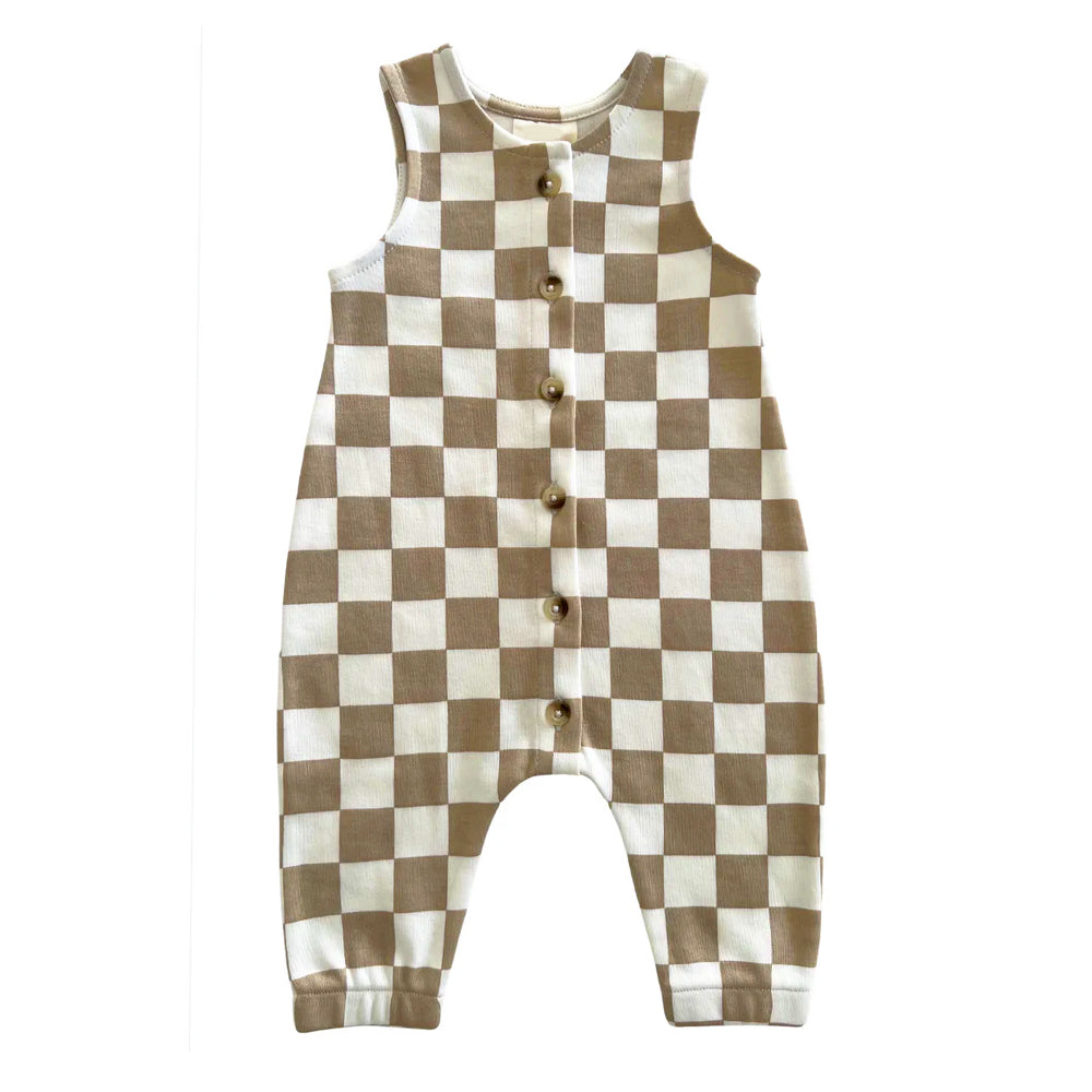 Baby Infant Boys Khaki Checkered Sleeveless Rompers preorder