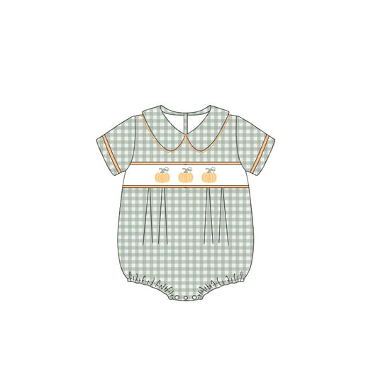 Baby Infant Boys Fall Pumpkin Green Checkered Short Sleeve Rompers preorder