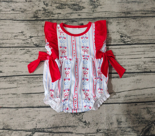 Baby Infant Girls Red Bows Flag Ruffle 4th Of July Rompers