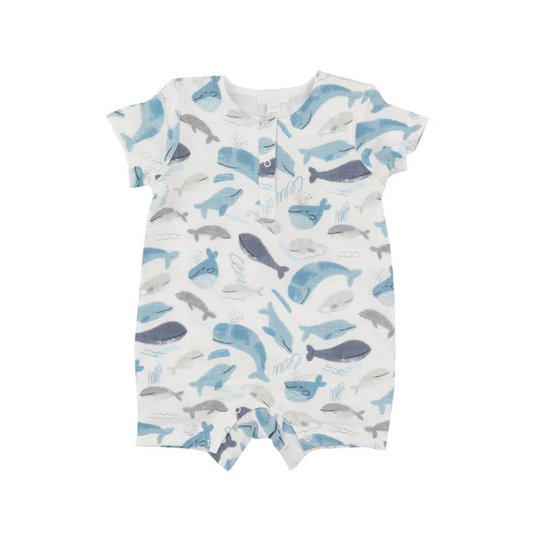 Baby Infant Boys White Blue Whales Short Sleeve Buttons Rompers preorder