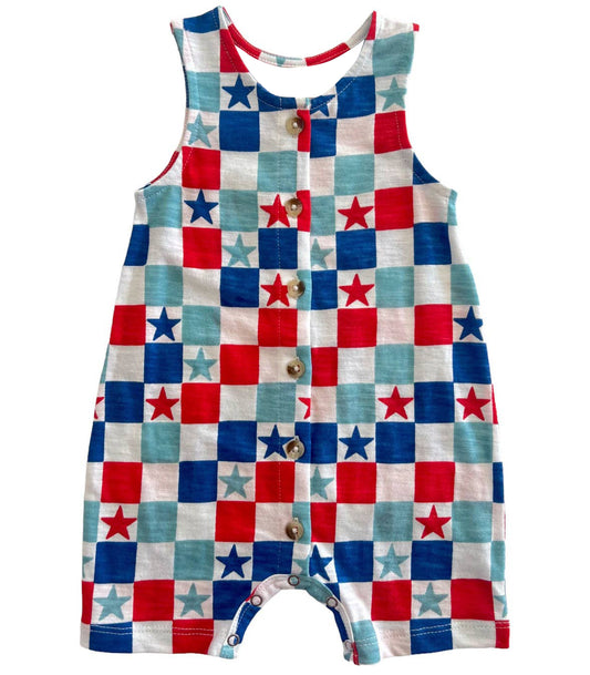 Baby Infant Todder Red Stars Checkered Buttons Rompers preorder