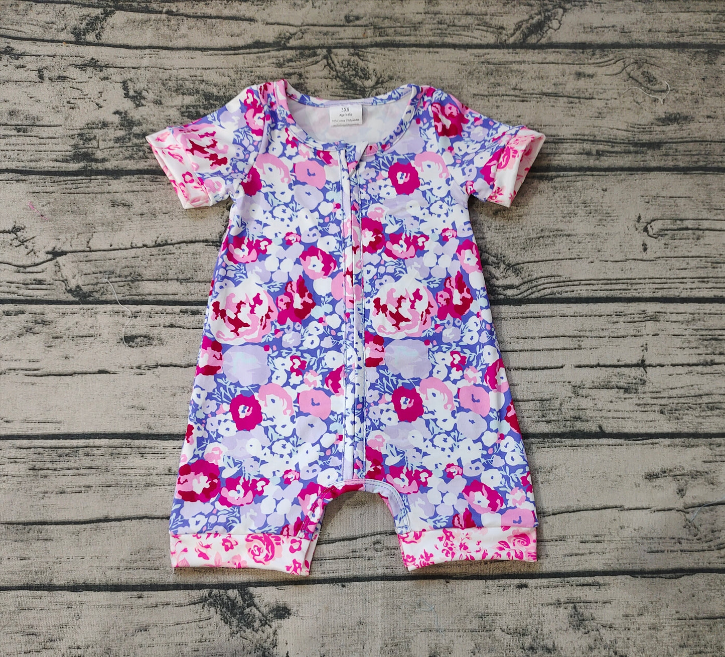 Baby Infant Girls Purple Flowers Zip Short Sleeve Rompers