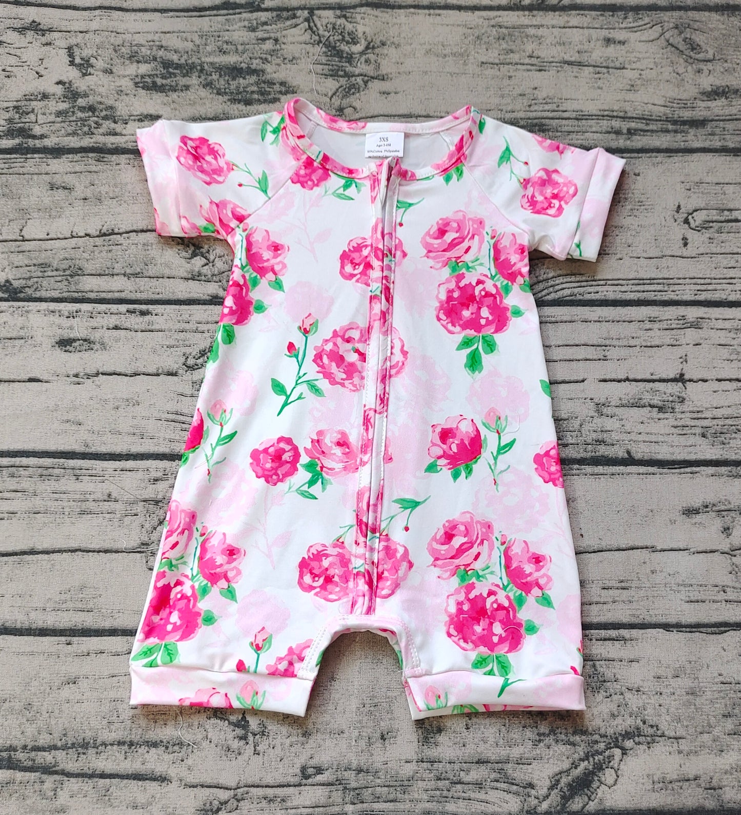 Baby Infant Girls Bright Pink Flowers Zip Short Sleeve Rompers