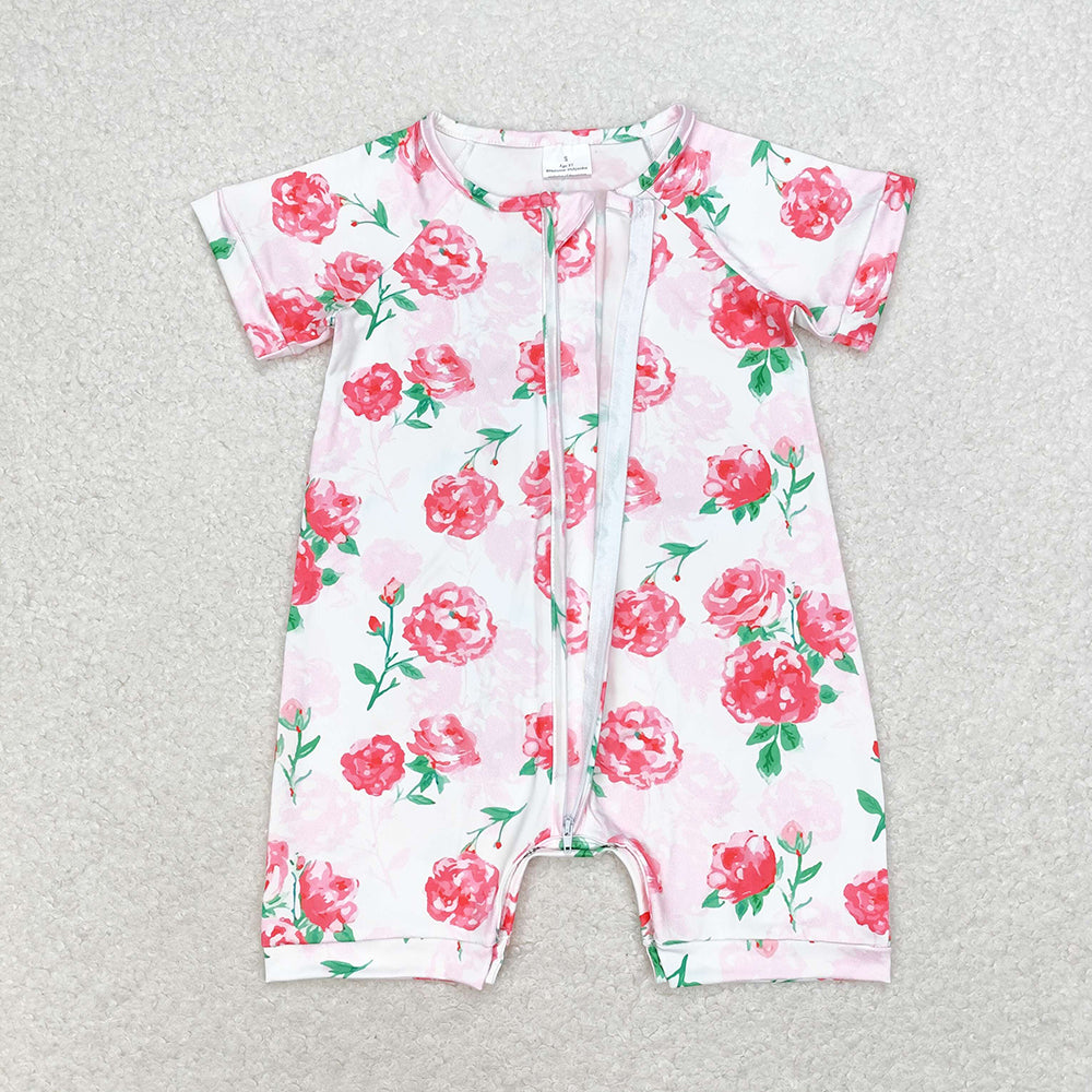 Sibling Baby Infant Girls Flowers Zip Short Sleeve Rompers